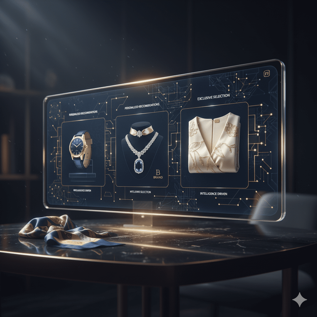 AI powered media dashboard displaying personalized luxury products with golden neural networks and sophisticated data analytics for premium brand campaigns