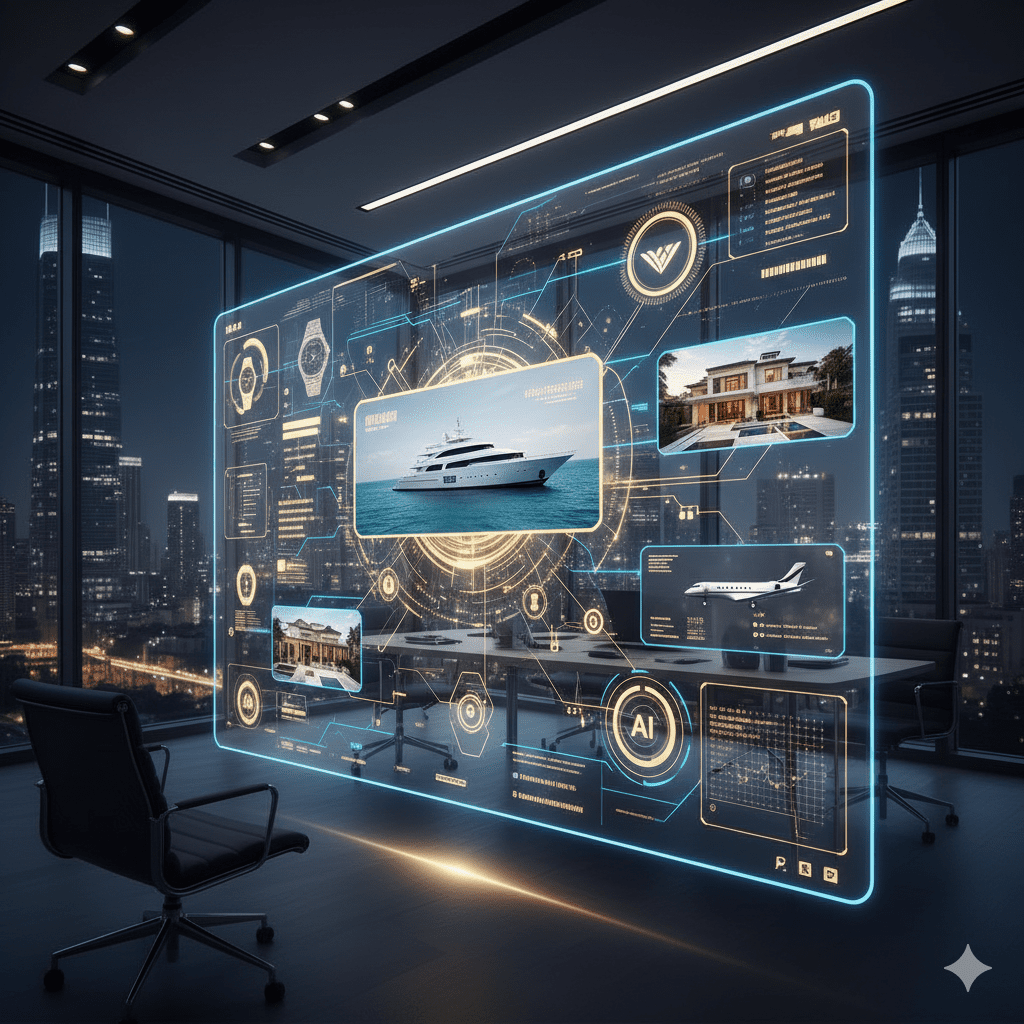 AI powered media technology interface displaying luxury targeting analytics for ultra-high-net-worth client acquisition