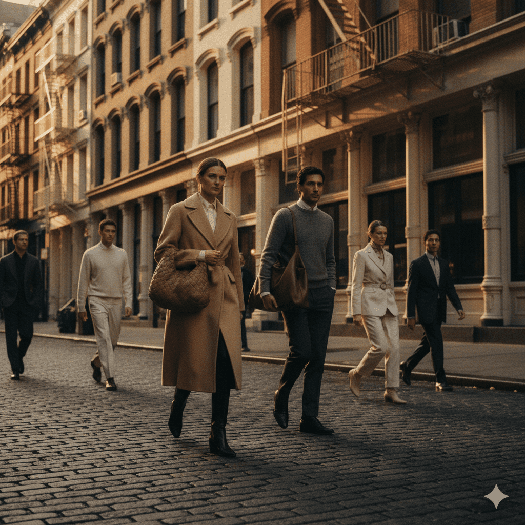 Luxury shoppers in designer clothing walking through historic Soho cast-iron district during golden hour
