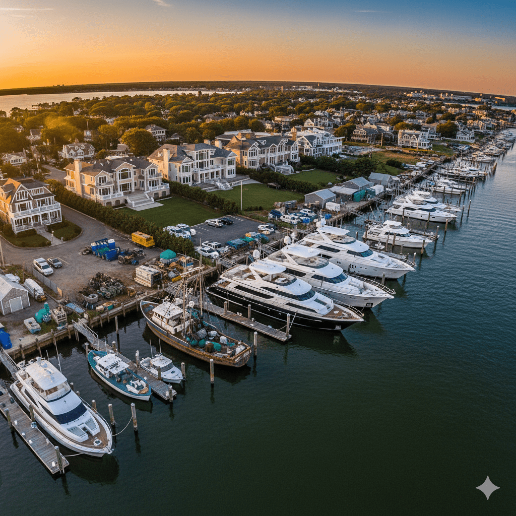 Aerial view of New York Hampton Bays showing luxury homes and working marina at Shinnecock Canal