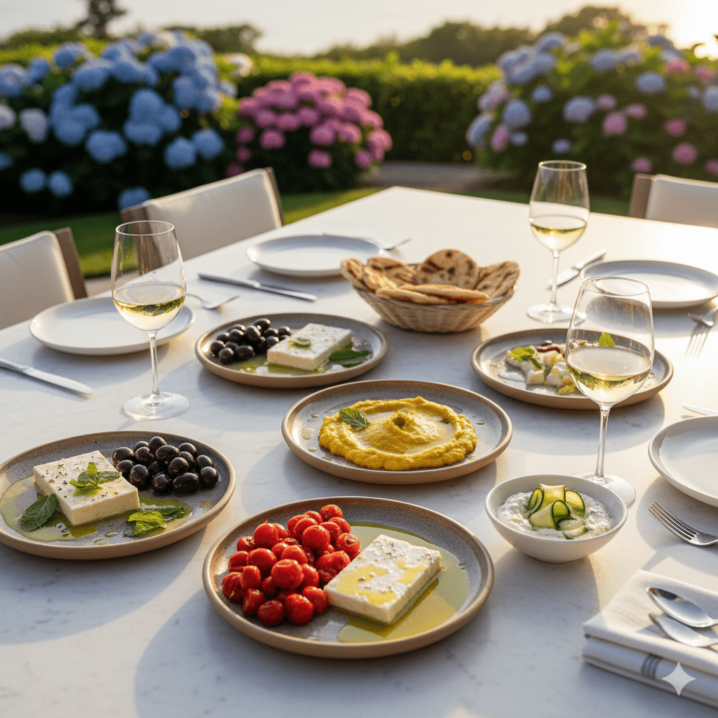 Elegant Greek mezze spread on marble table with wine glasses at sunset in the Hamptons