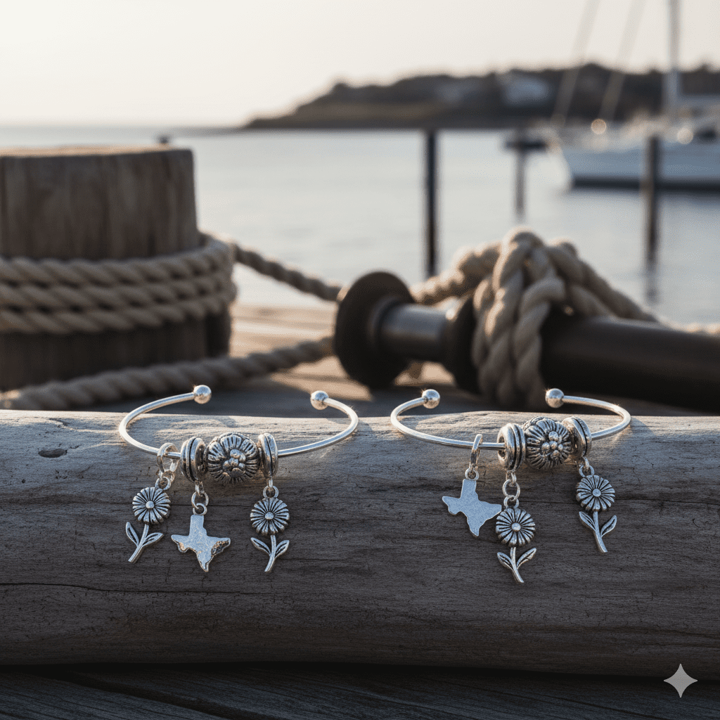 James Avery charm bracelets displayed in Sag Harbor marina setting with nautical elements