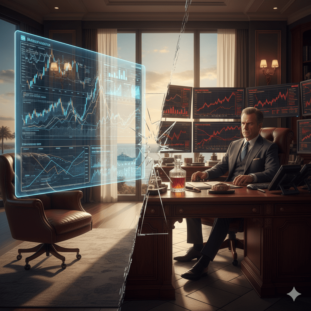 AI-powered wealth management platforms showing algorithmic trading success versus traditional billionaire investment strategies in luxury Hamptons office setting