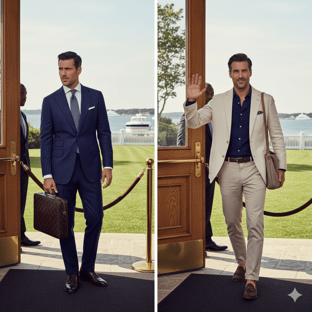 Elite dress code psychology comparison showing insider vs outsider social signaling at exclusive club