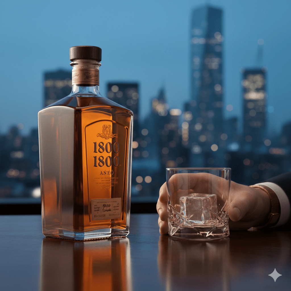 1800 Tequila Añejo luxury shot on mahogany bar gold watch