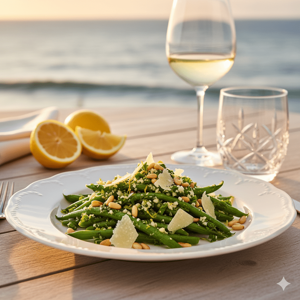 Luxury green beans recipe by Ina Garten on fine dining table