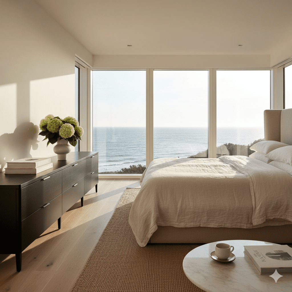 Luxury black dresser in modern Hamptons bedroom with coastal design elements and designer styling