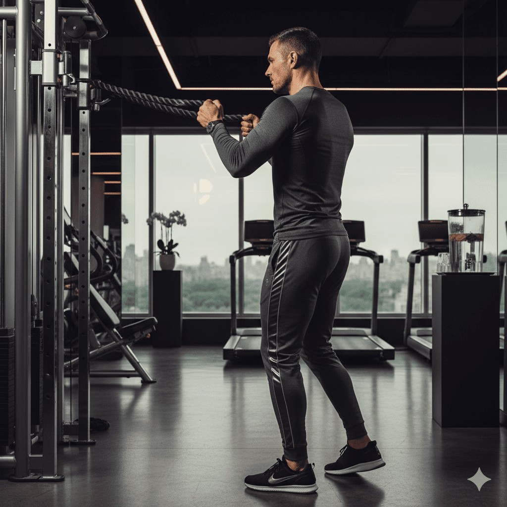 Elite professional demonstrating proper face pull exercise technique for superior shoulder strength and health in luxury Manhattan gym