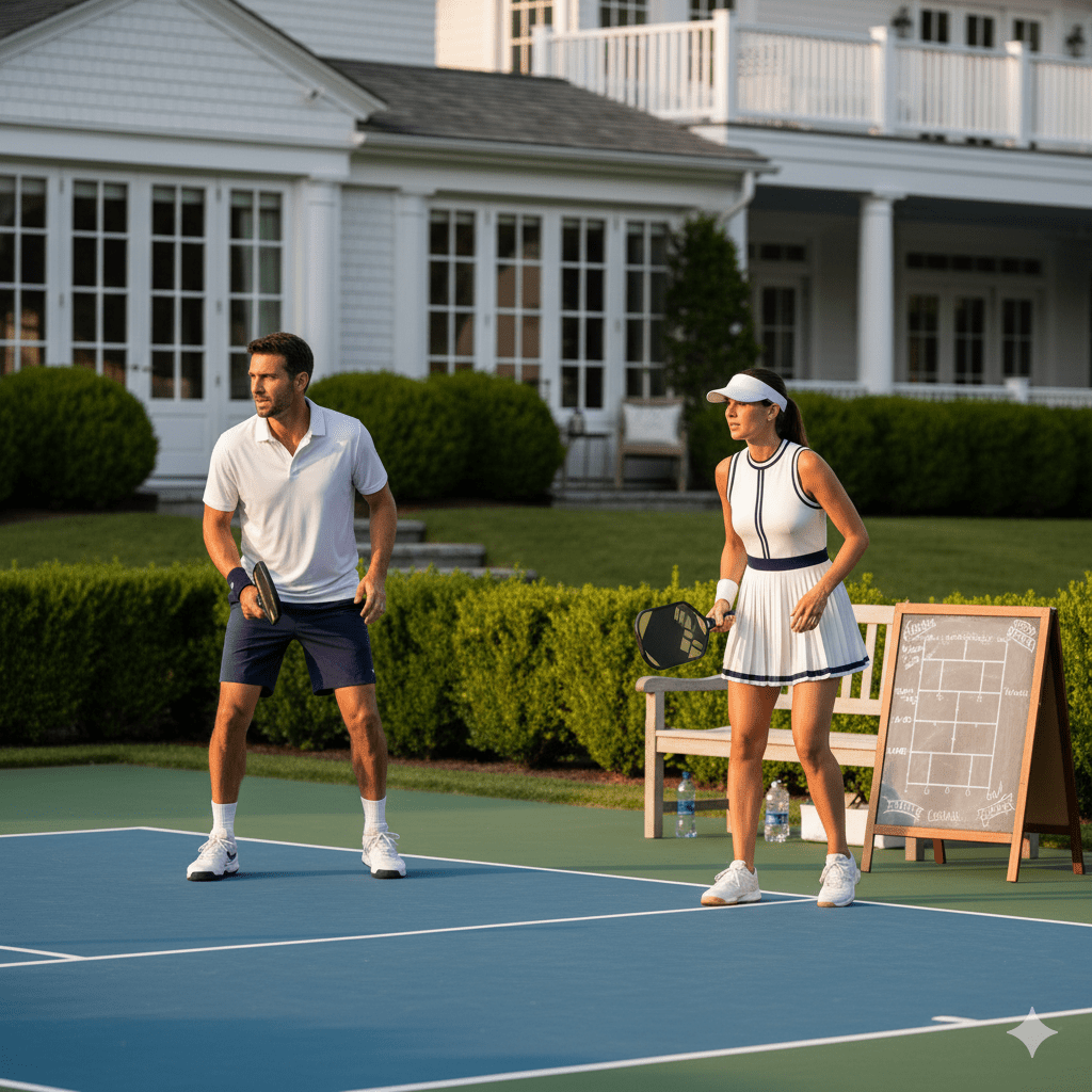 Professional pickleball tournament at luxury Hamptons club showing competitive bracket play