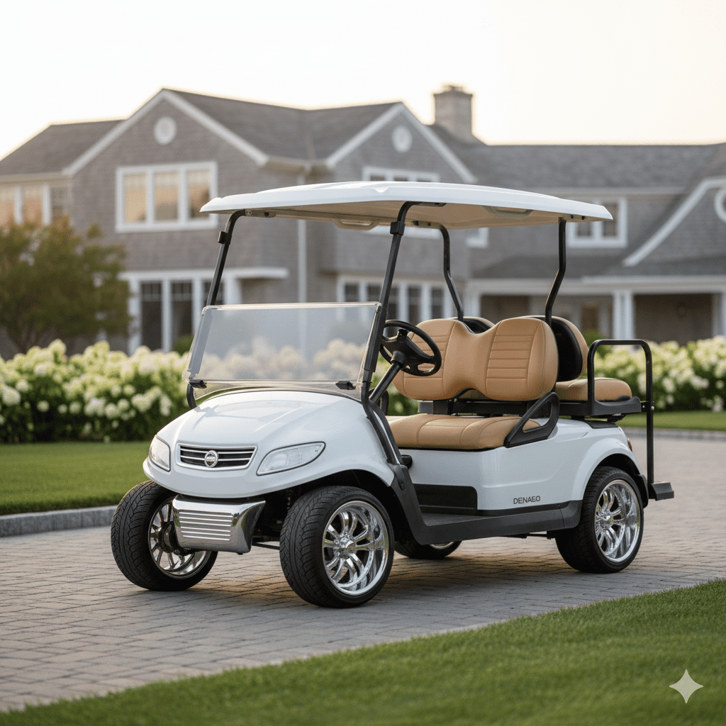 Luxury Denago golf cart with premium upgrades on Hamptons estate driveway