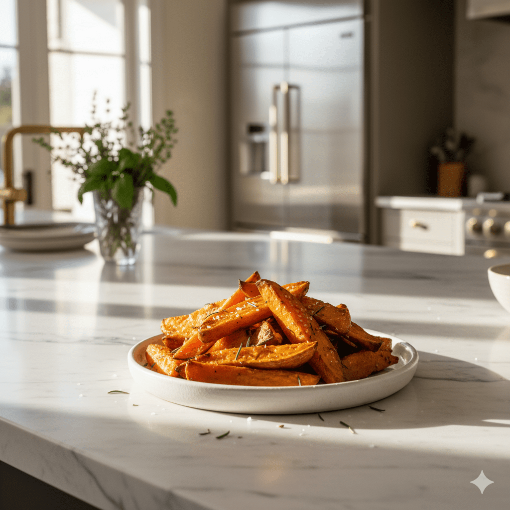 Luxury roasted sweet potatoes arranged on elegant white platter in sophisticated Hamptons kitchen with marble countertops and brass fixtures