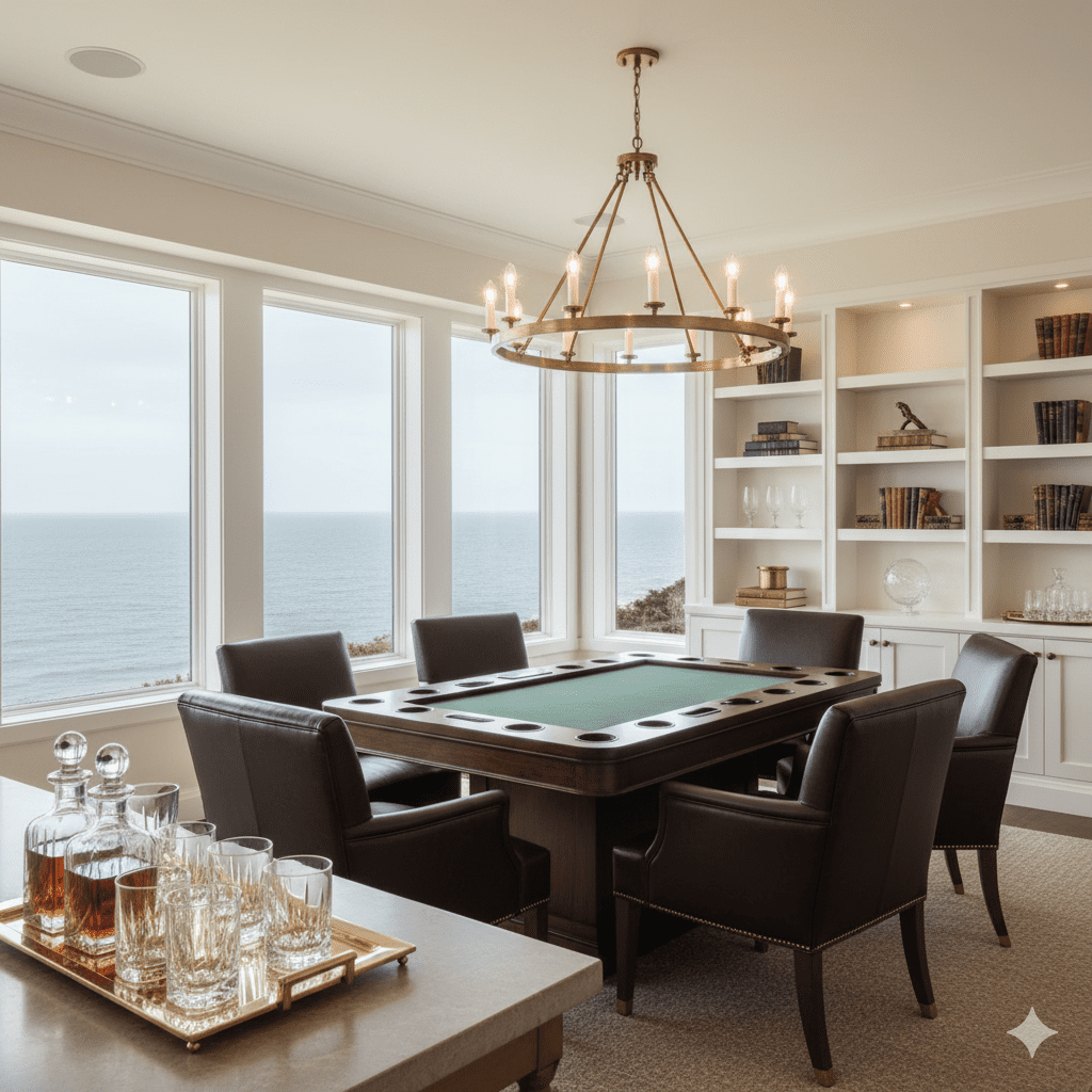 Luxury games table in elegant Hamptons entertainment room with custom lighting