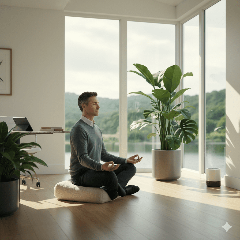 Executive practicing therapeutic lifestyle changes in luxury wellness environment