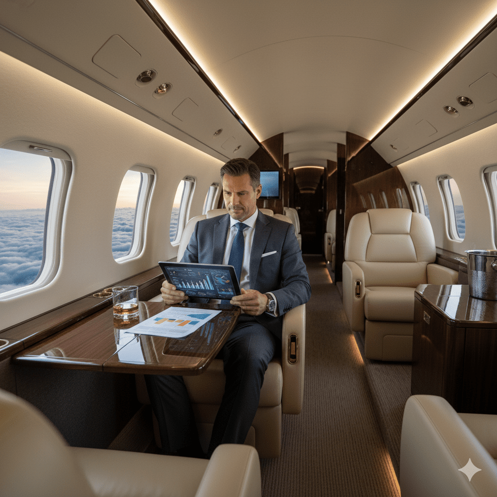 Private jet membership costs analysis - luxurious aircraft interior with business executive