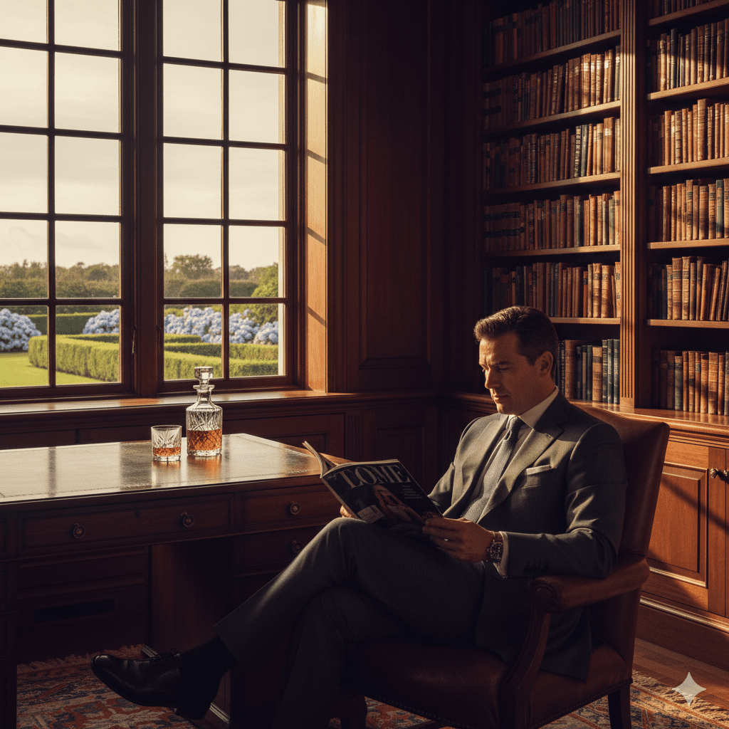 Luxury media buying strategies for high net worth audience - sophisticated marketing executive in premium Hamptons setting