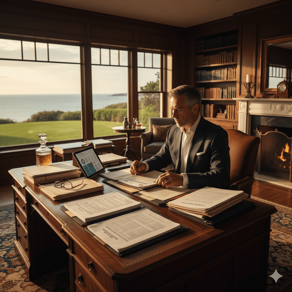 East Hampton property tax secrets - wealthy homeowner reviewing tax reduction strategies