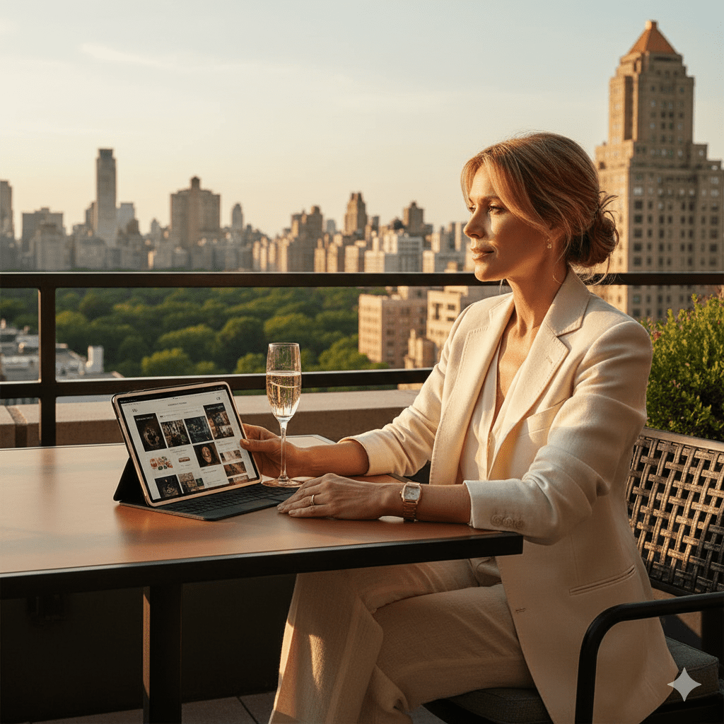 Affluent NYC consumer browsing luxury brands online from Manhattan penthouse terrace