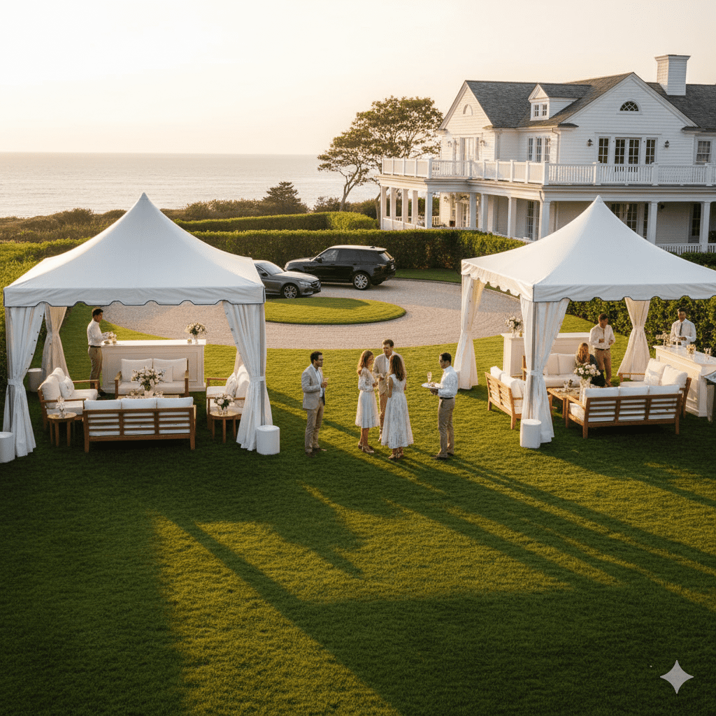 Luxury summer home brand pop-up activation at elegant Hamptons estate with exclusive outdoor pavilion, affluent guests, and sophisticated coastal aesthetic during golden hour
