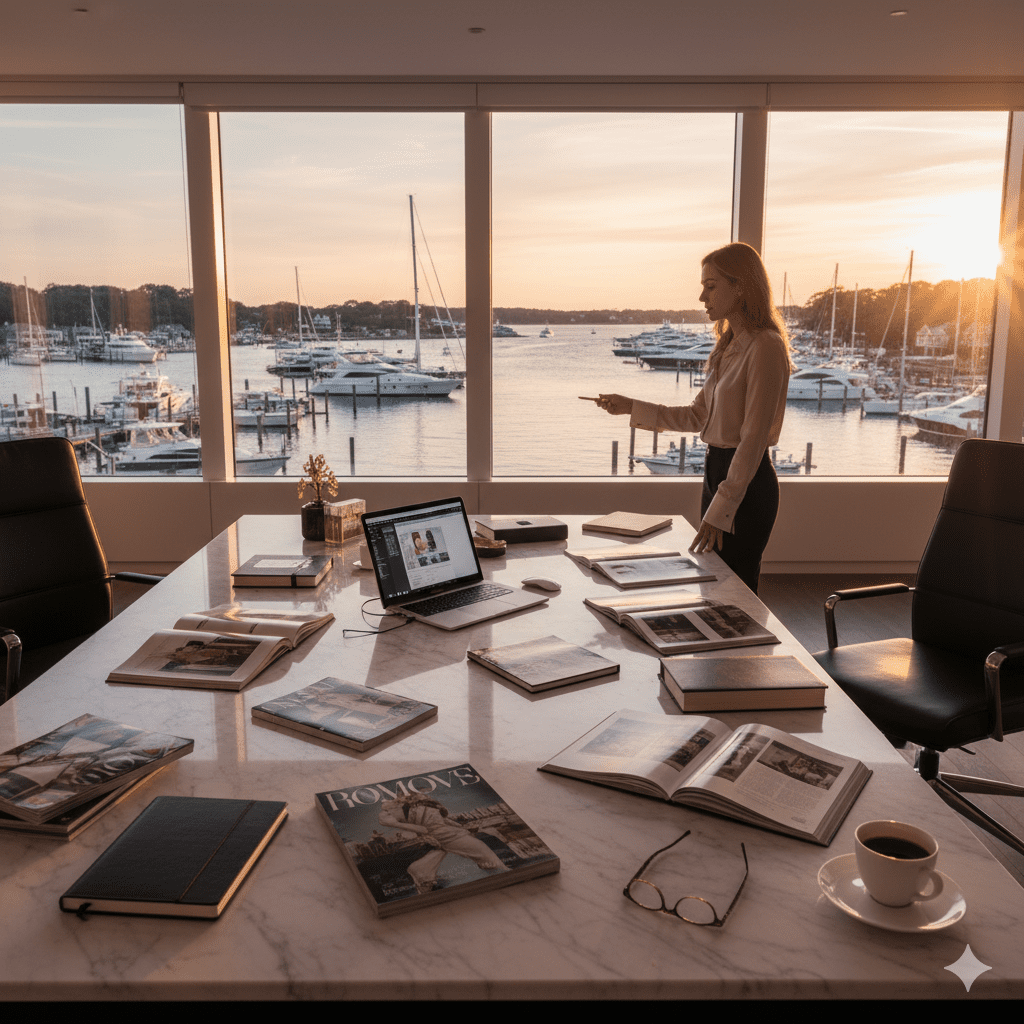 Prestige media platform luxury publishing office overlooking Sag Harbor marina