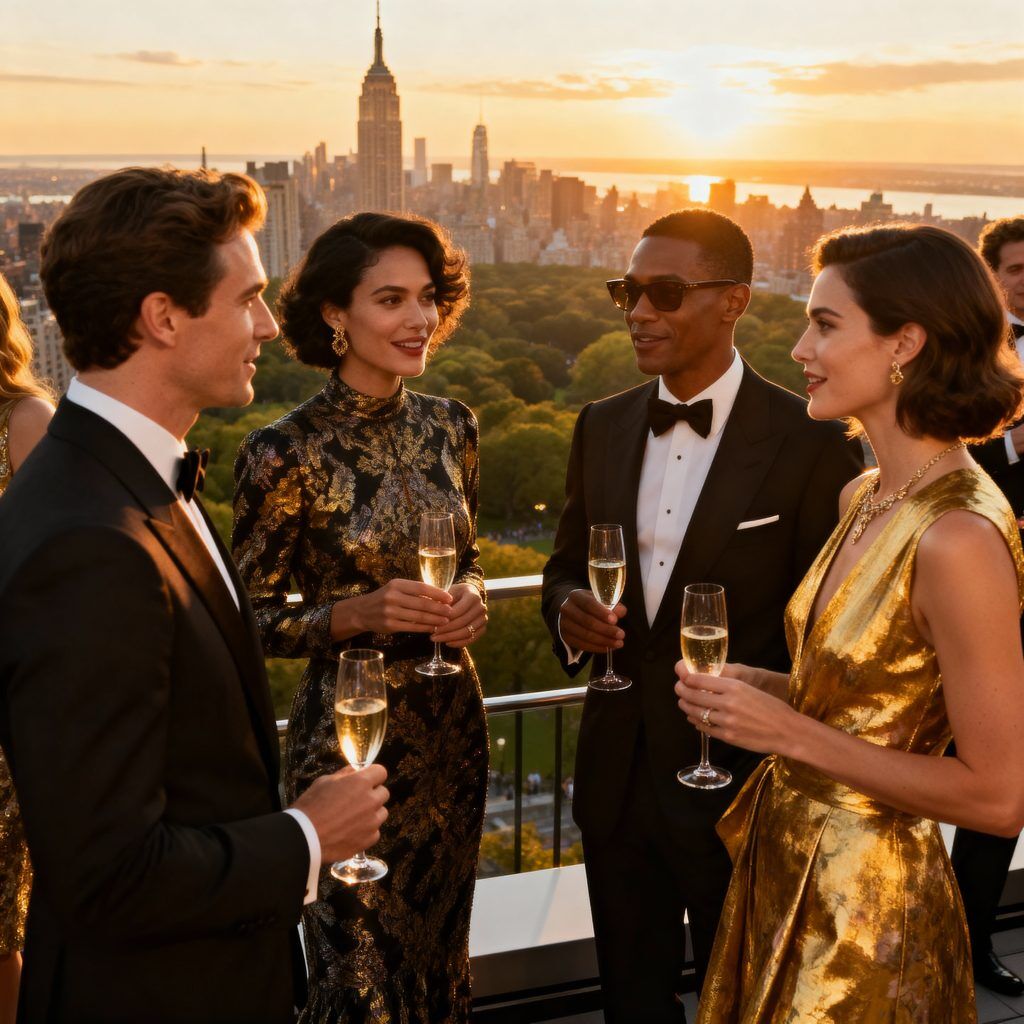Elite NYC professionals networking at exclusive Manhattan rooftop event with skyline views