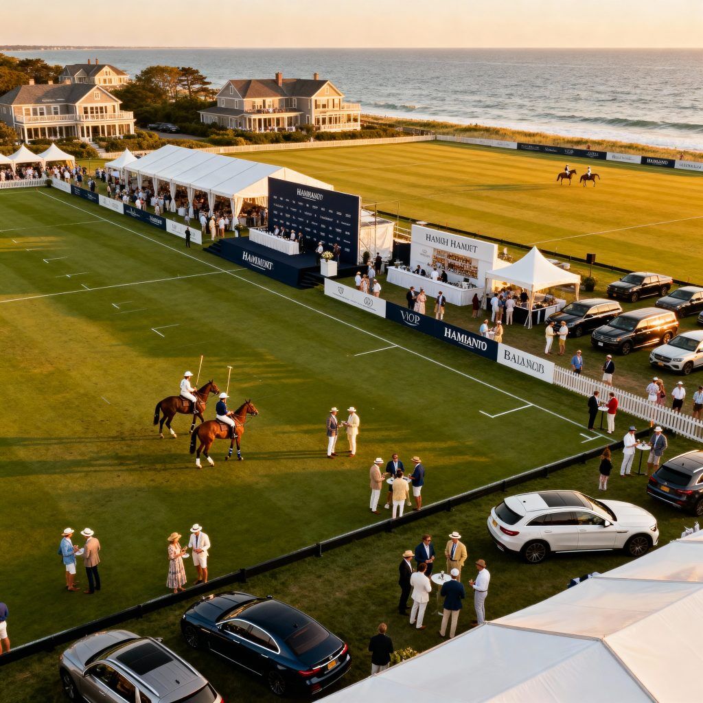 Luxury brand activation at Hamptons polo event with high-net-worth networking and VIP hospitality tents at oceanfront venue