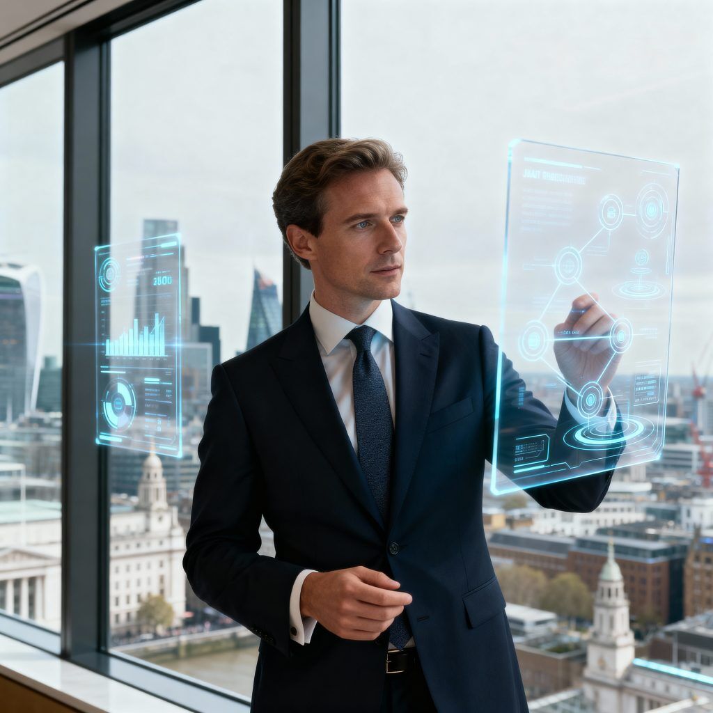 European family office principal using AI deal flow technology in modern London office with financial district view