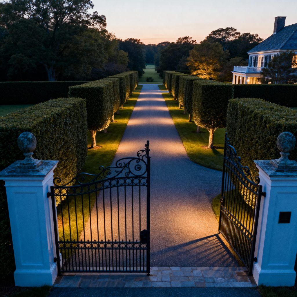 Aerial twilight photograph of an elegant Hamptons estate behind tall privet hedges and iron gates, long tree-lined driveway, no signage visible, shot conveys privacy and exclusivity, architectural photography style, muted sophisticated color palette with deep blues and warm golden hour lighting