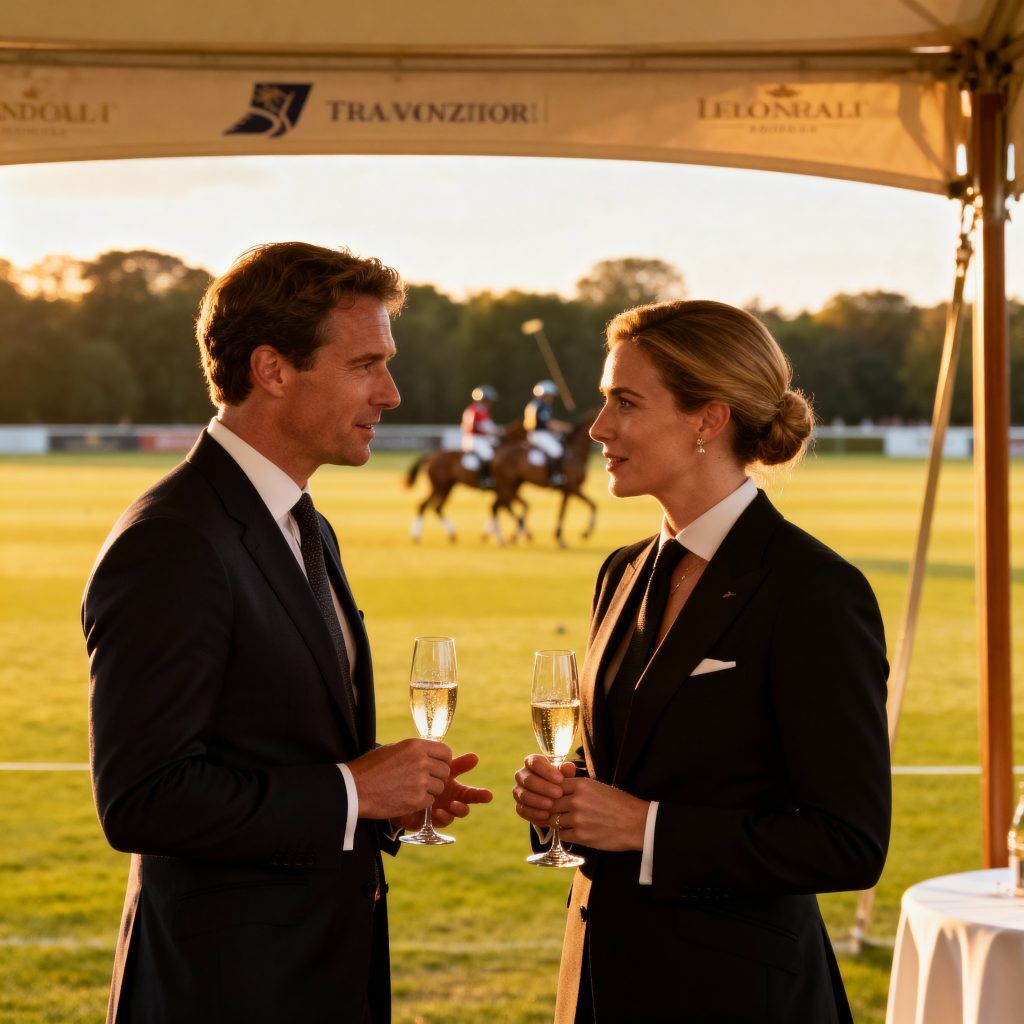 Sophisticated polo match scene from sponsor tent perspective, elegantly dressed professionals in intimate business conversation with champagne, polo field in soft focus background, golden hour lighting, conveys exclusivity and strategic networking, editorial luxury photography style