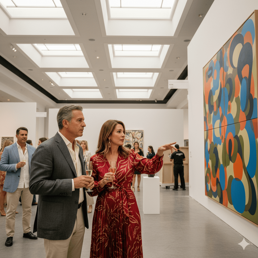 Strategic collectors at Art Basel Miami VIP preview evaluating acquisition opportunities during the world's premier contemporary art fair.