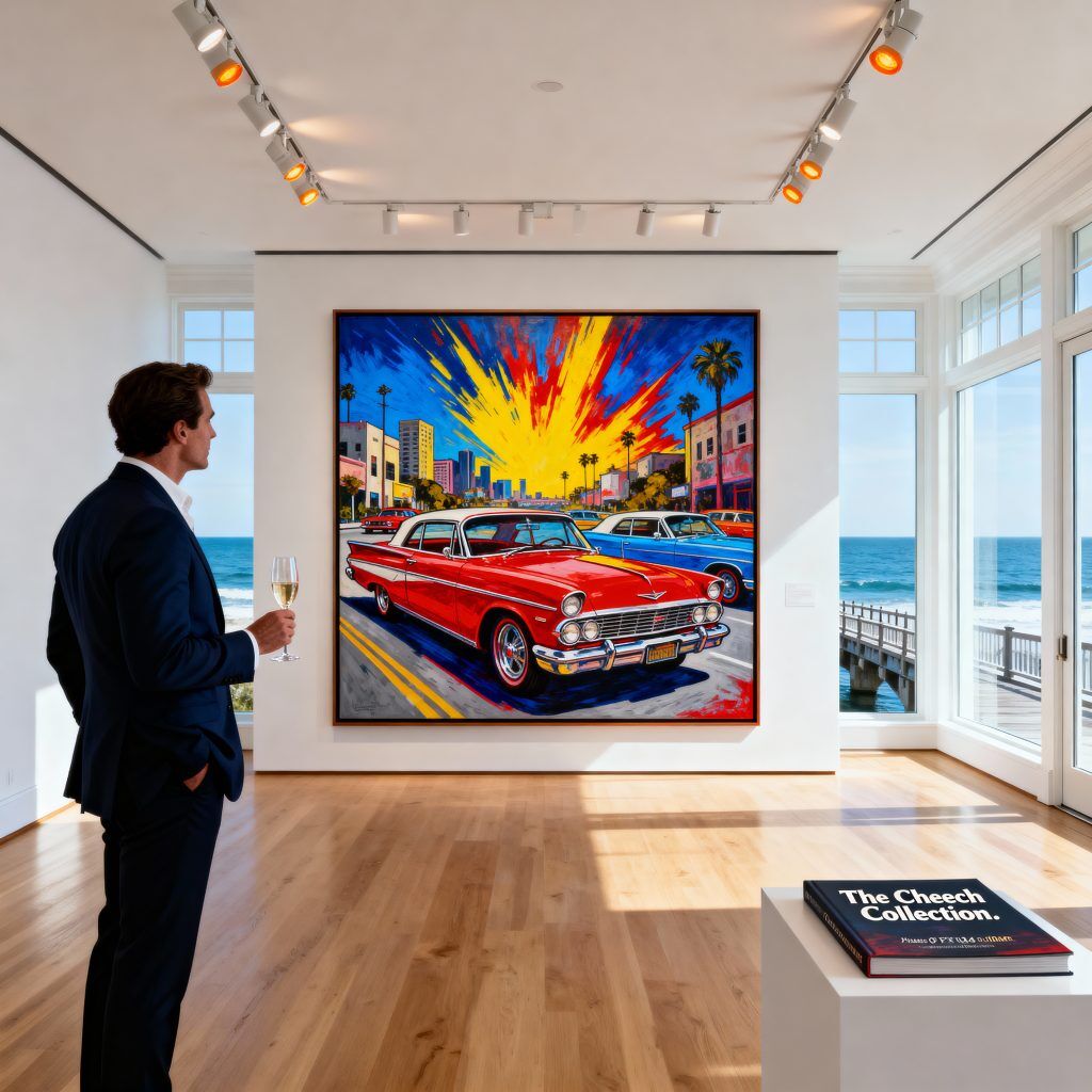 Chicano art museum-quality Frank Romero lowrider painting displayed in luxury Hamptons gallery with sophisticated collector examining investment-grade Mexican-American contemporary artwork