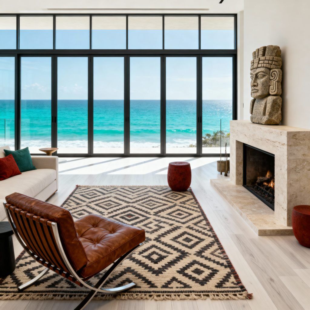 Aztec art in contemporary luxury interior with geometric rug and stone sculpture