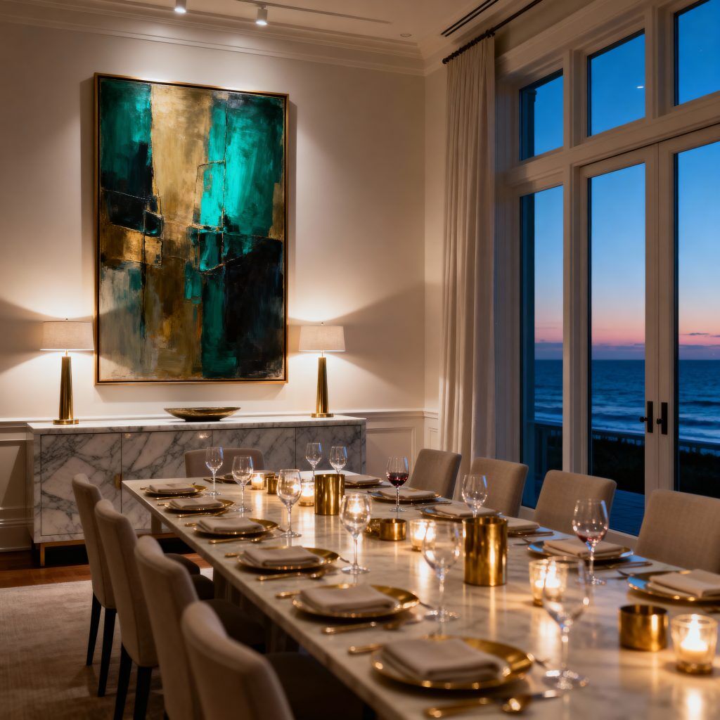 Luxury dining room with museum-quality contemporary wall art and professional lighting