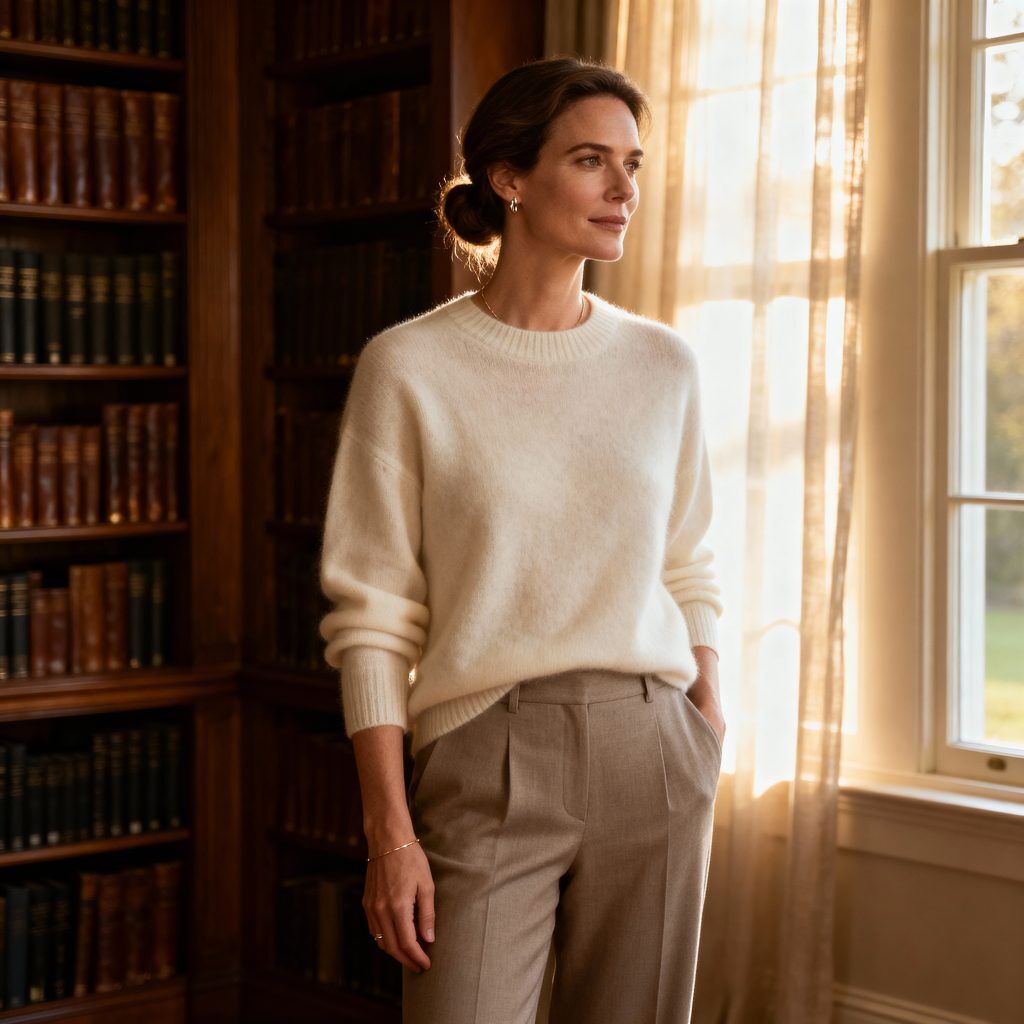 Woman embodying old money aesthetic in classic cashmere and neutral tones