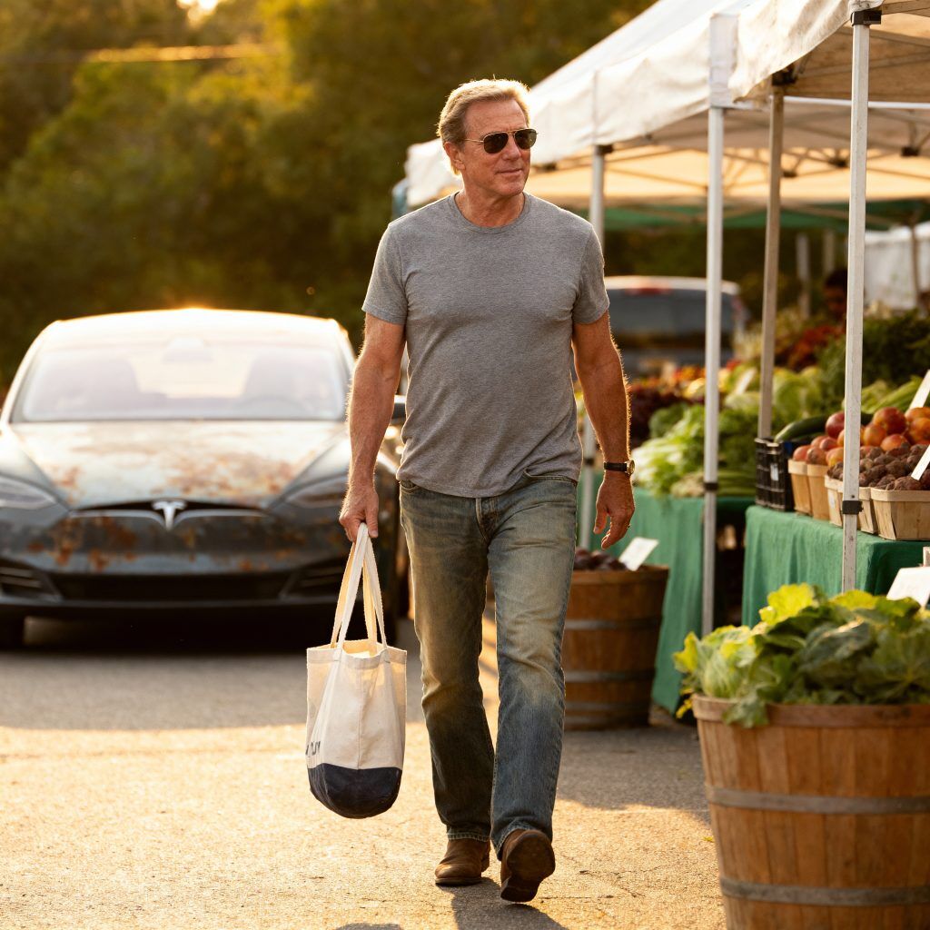 Billionaire practicing stealth wealth in casual attire at Hamptons market
