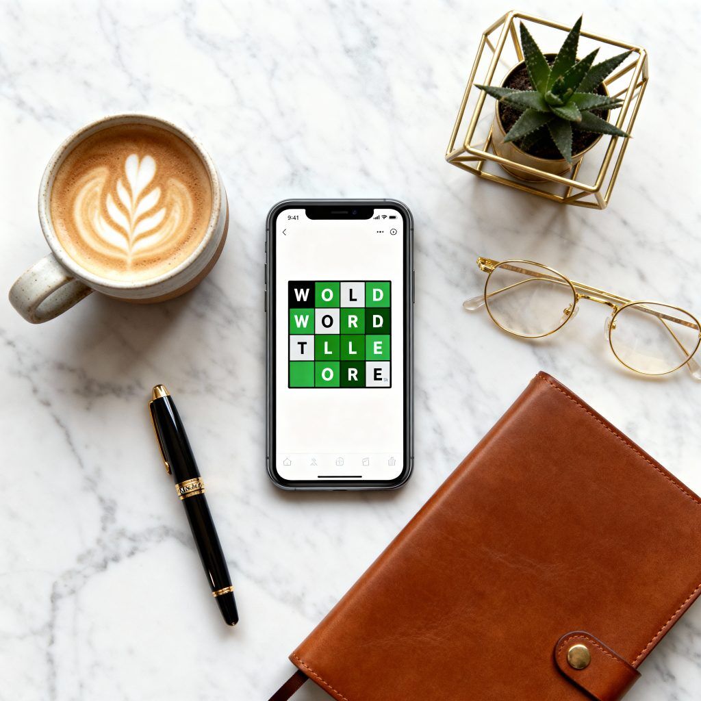 Wordle game on iPhone surrounded by morning routine essentials including coffee, leather journal, and fountain pen on marble surface showing daily habit stacking and cognitive training ritual