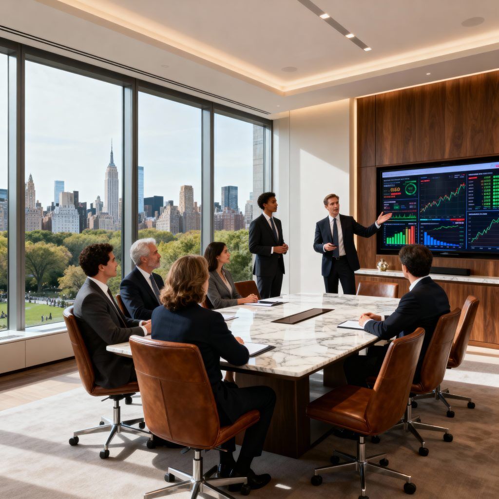 Ultra high net worth wealth management team meeting with family in luxury Manhattan office