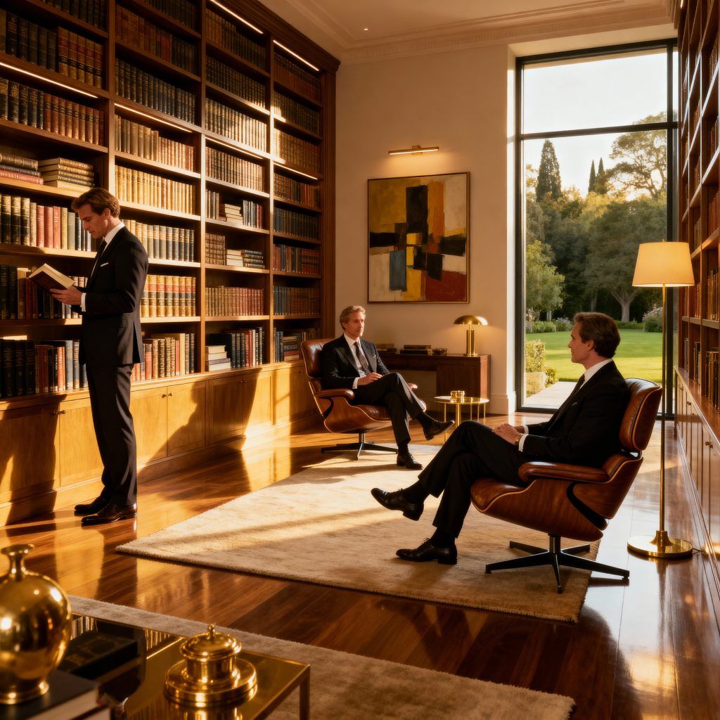 Ultra high net worth lifestyle showing private family office library where problems get solved before they become problems