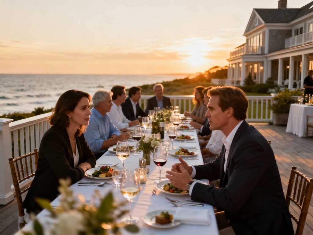 UHNW investors networking at exclusive Hamptons dinner party discussing investment opportunities