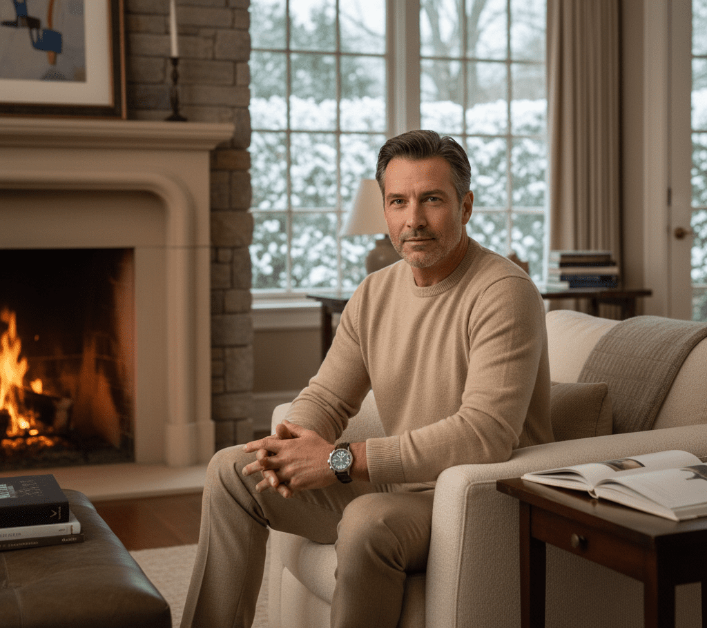 Attractive Man in Cashmere sweater in affluent home with fireplace