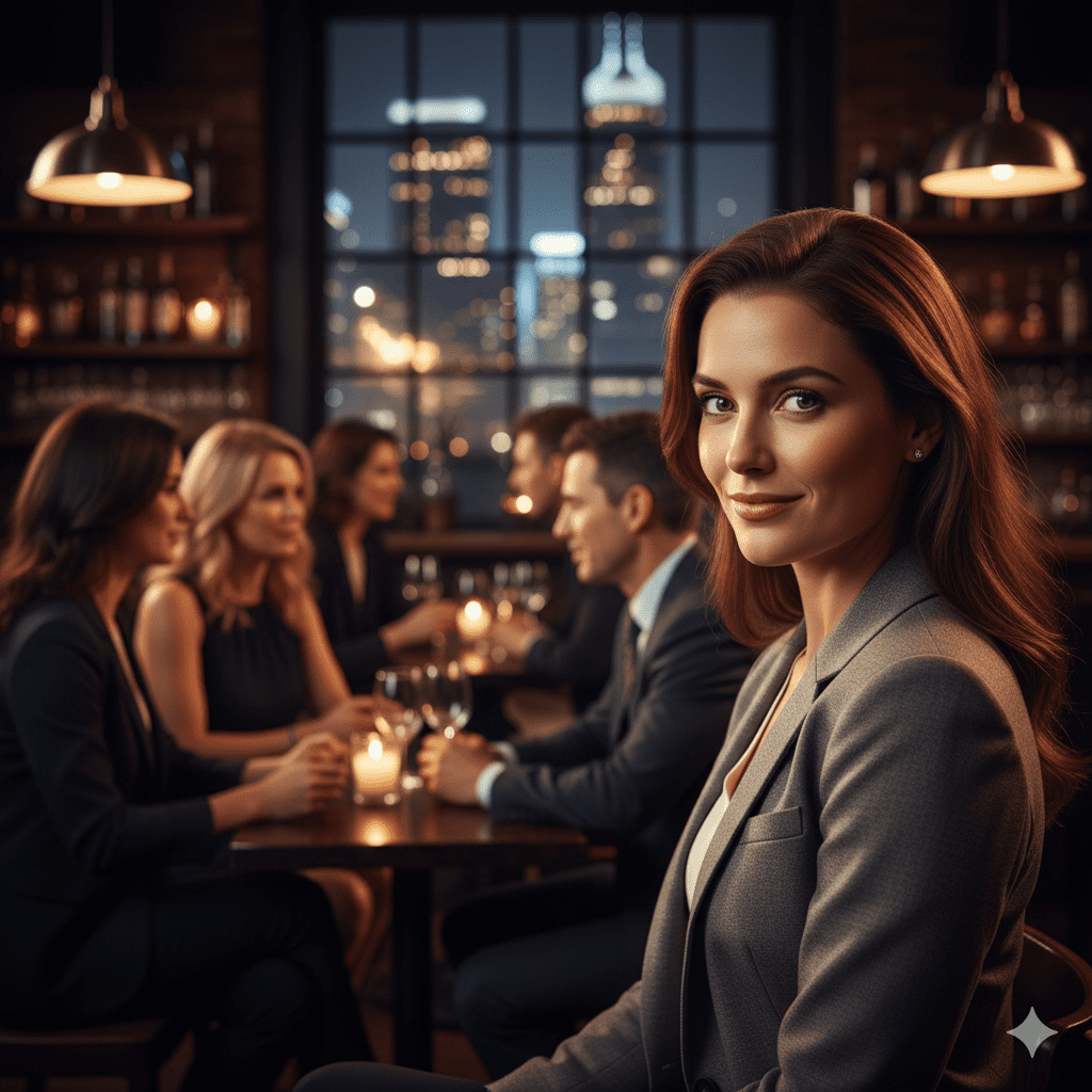 Confident NYC professional with knowing smile at upscale Manhattan bar