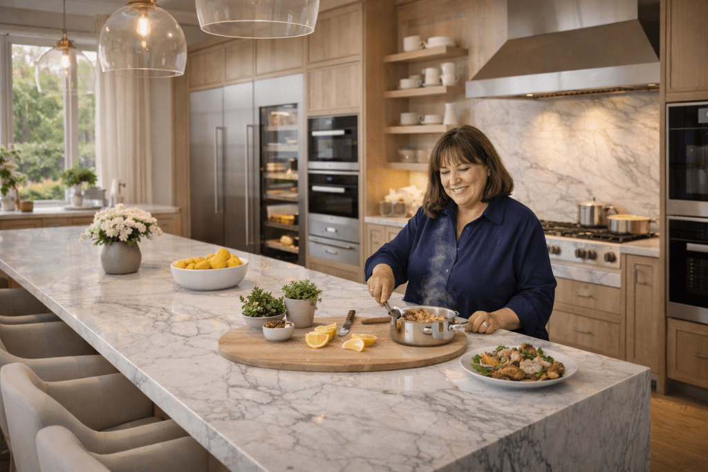 Ina Garten preparing a meal in a Hamptons kitchen