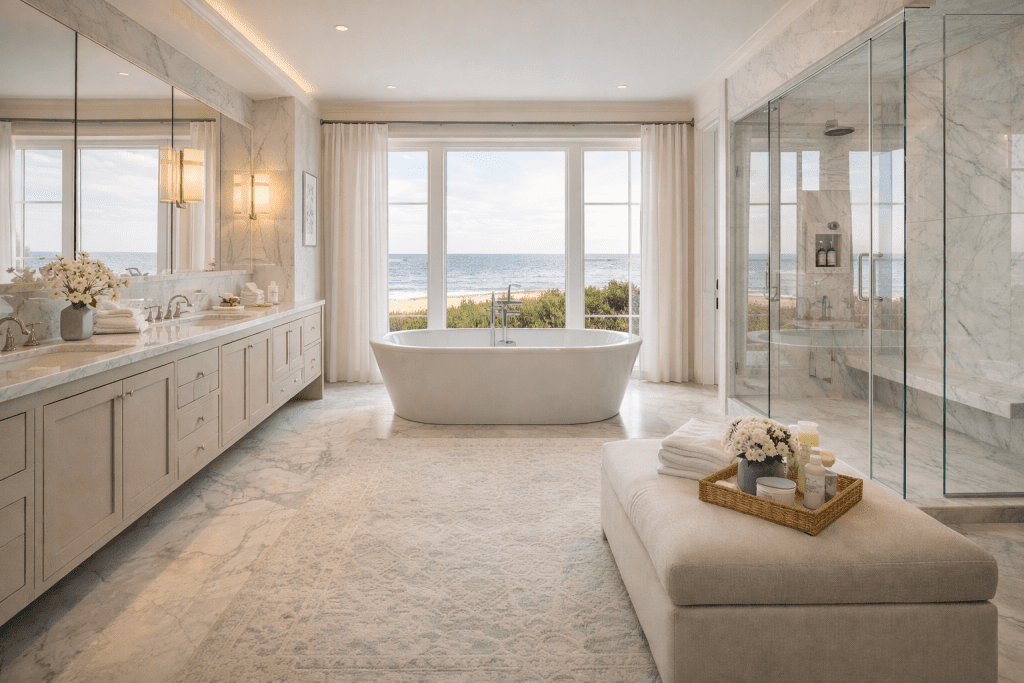 Luxurious Hamptons bathroom with ocean view